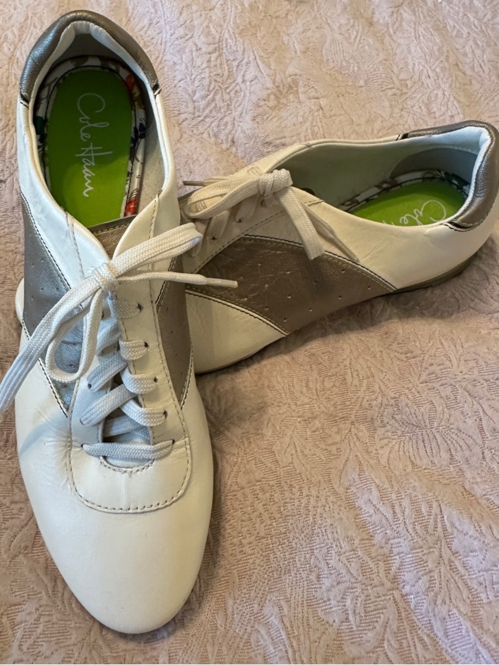 Nike Air/ Cole Haan White and Silver Lace-Up Women's Sneakers with Green Insoles